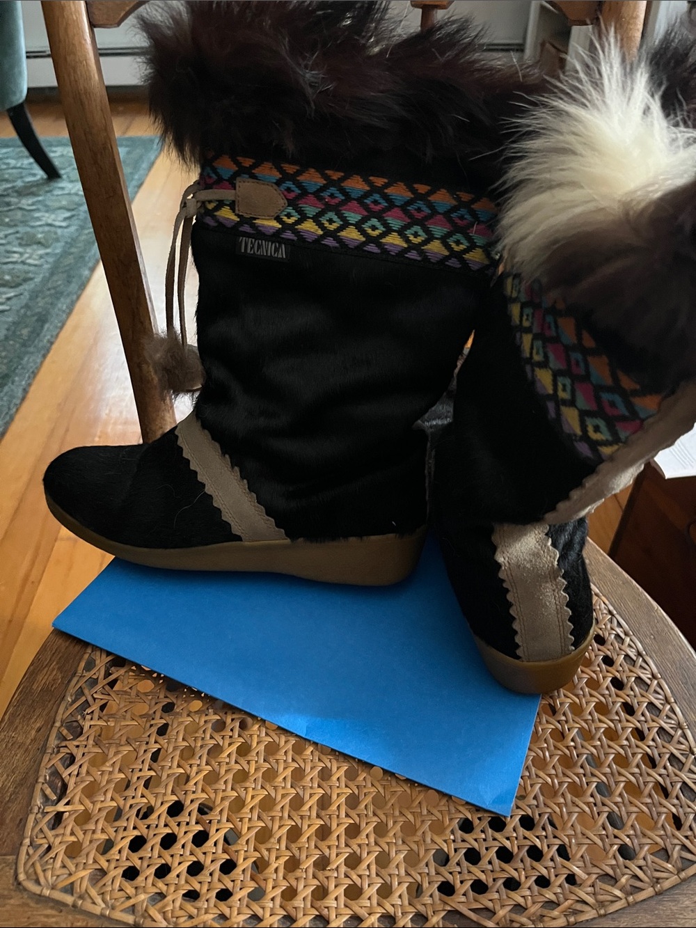 Tecnica Black Moccasin Boots with Multicolor Geometric Cuff